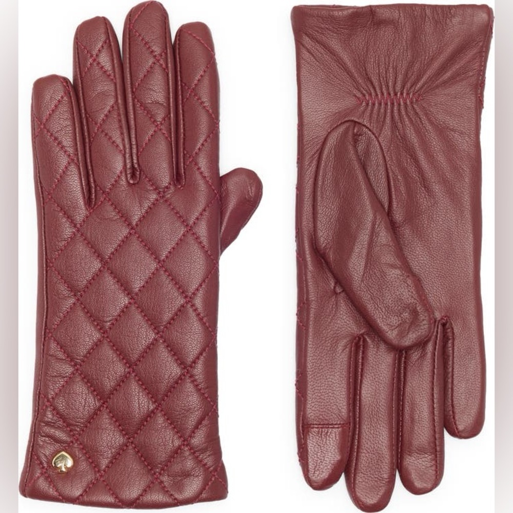 Kate Spade 100% Genuine Goat Leather Quilted Gloves in Deep Burgundy NWT size S - Picture 2 of 6
